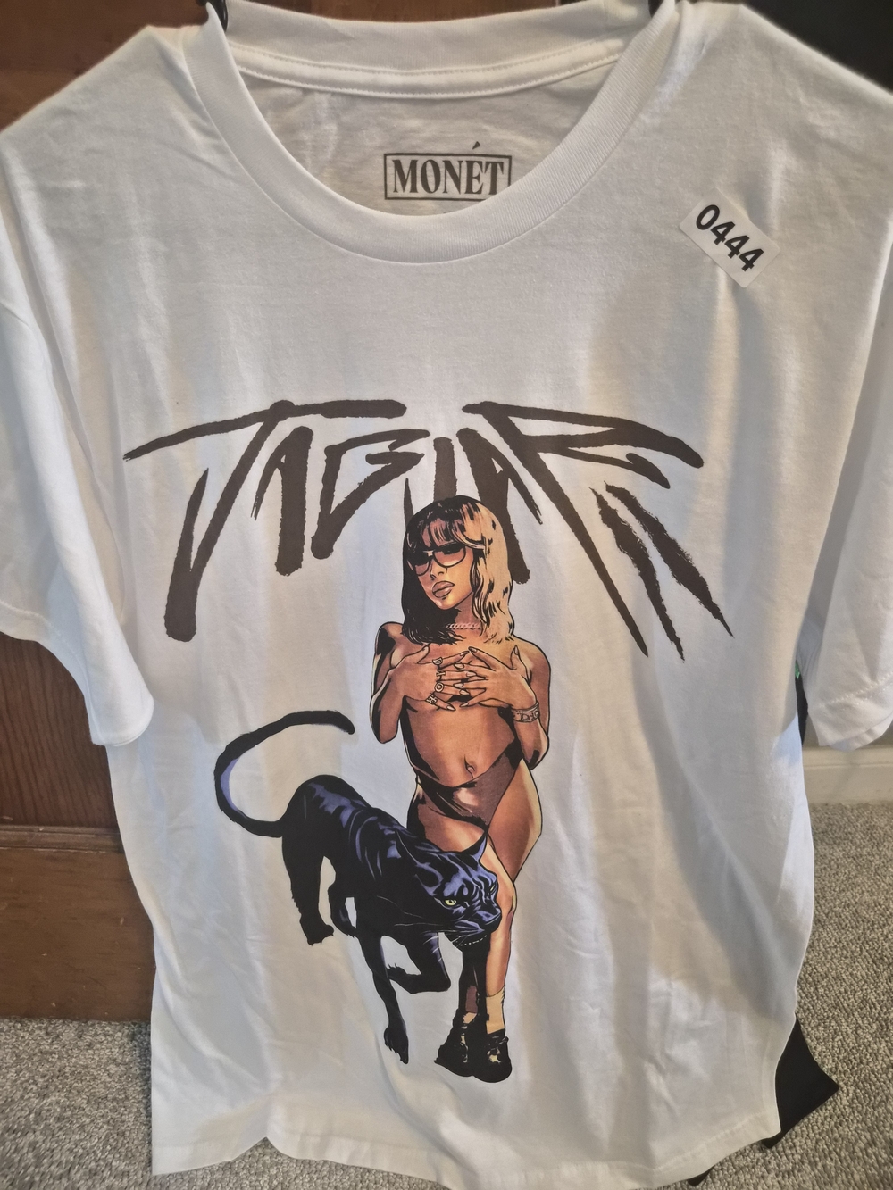 Monet White Graphic Short-Sleeve Tee with Black Panther and Tan Figure